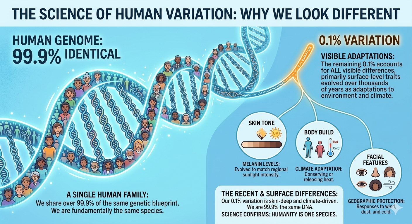 Infographic showing 99.9% shared DNA vs 0.1% surface variation