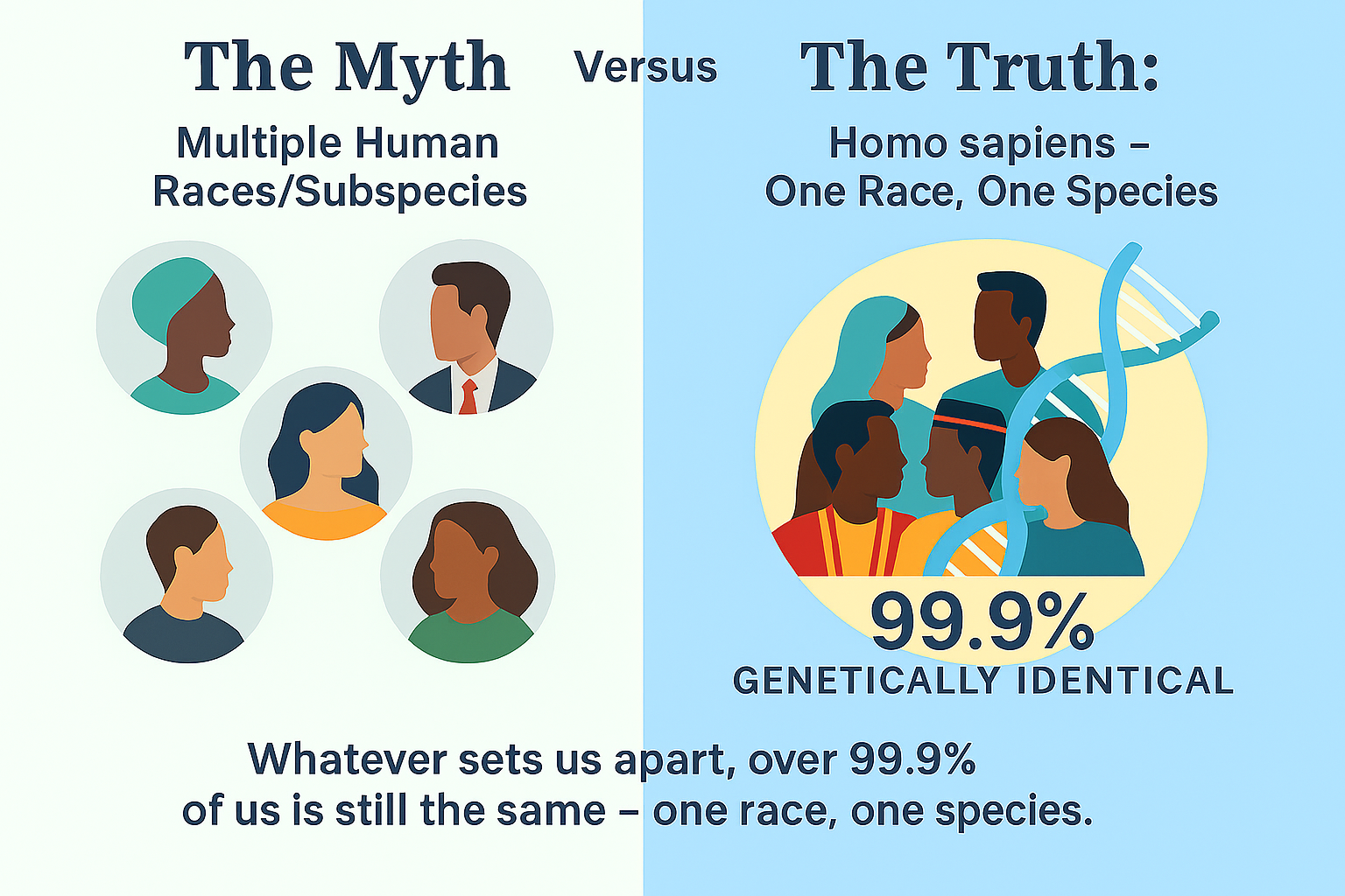 Infographic comparing genetic variation in animal subspecies and human populations. Shows animal subspecies with 90–99% shared DNA contrasted with humans from different backgrounds sharing 99.9% of the same DNA, illustrating the 0.1% illusion and that all humans are one species.